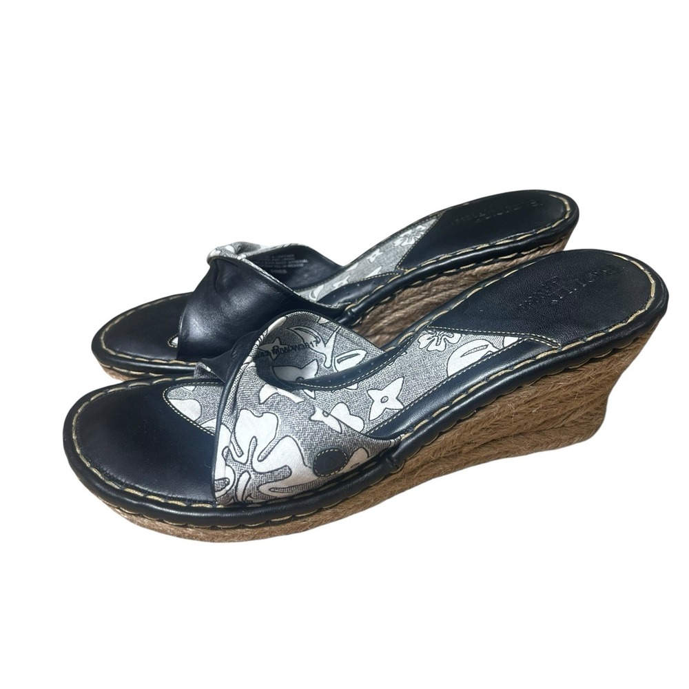 Born Drilles Black Leather Floral Platform Rope Wedge Espadrille Women's Size 10